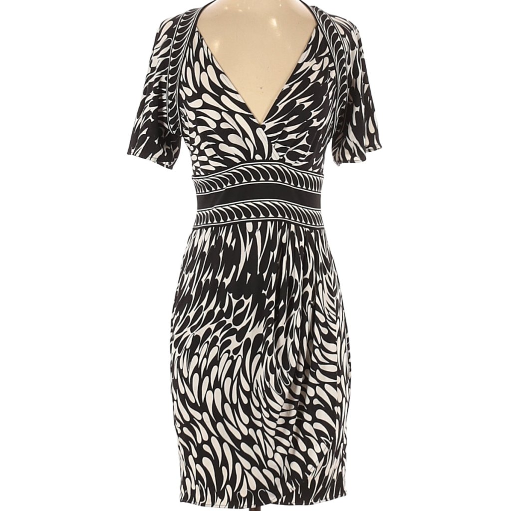 Bcbgmaxazria Dress Boho Ss V-Neck Black White Animal Print Sz S #267